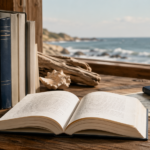 book in window with ocean view