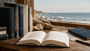 book in window with ocean view