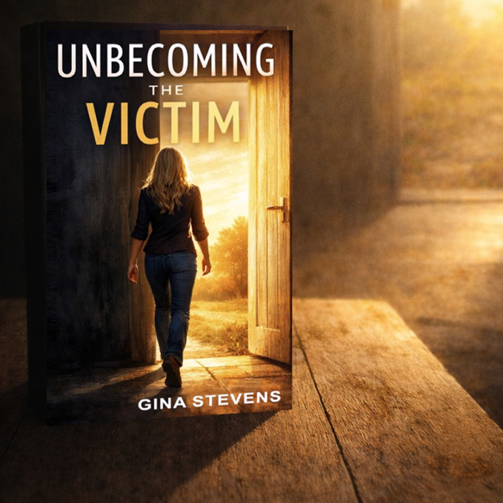 book on shelf depicting the book by gina stevens, unbecoming the victim
