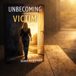book on shelf depicting the book by gina stevens, unbecoming the victim